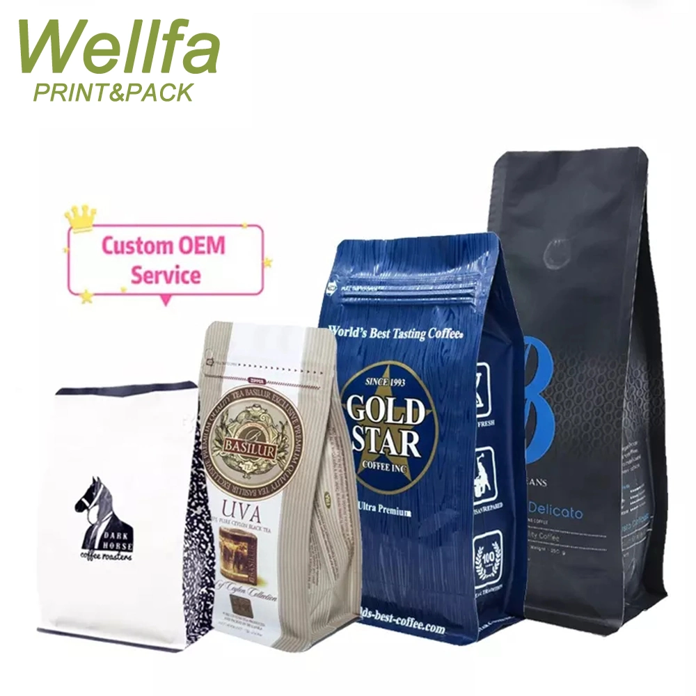 Custom Printed Food Grade Aluminum Foil Plastic Coffee Packaging Flat Bottom Pouch with Valve