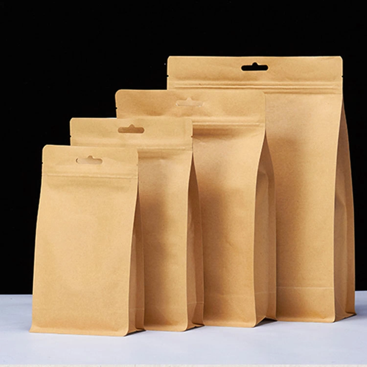 Wholesale Kraft Paper Flat Bottom Stand up Pouch for Packing Green Tea Coffee Flour Dry Food