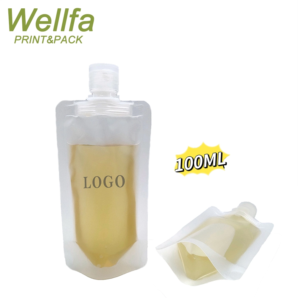Custom Logo Printed 100ml Transparent Lotion Shampoo Liquid Travel Sample Plastic Clamshell Packaging Bag Refill Spout Pouch