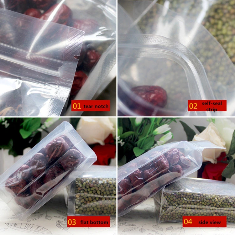 Custom Flat Bottom Aluminium Foil Vacuum Transparent Zip Lock Bag Clear Plastic Stand up Pouch with Zipper for Food Packaging