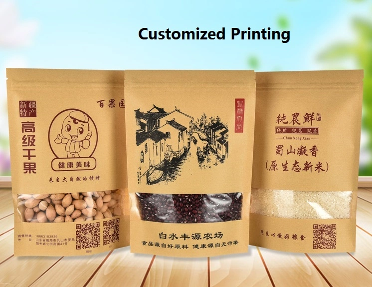 Custom Print Kraft Paper Stand up Bag Protein Powder Pouch with Zipper and Clear Window for 500g Packaging