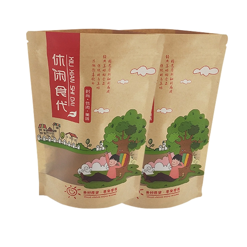Custom Printed Packaging for Coffee for Tea Resealable Zipper Stand up Pouch Brown Kraft Paper Bags with Clear Window