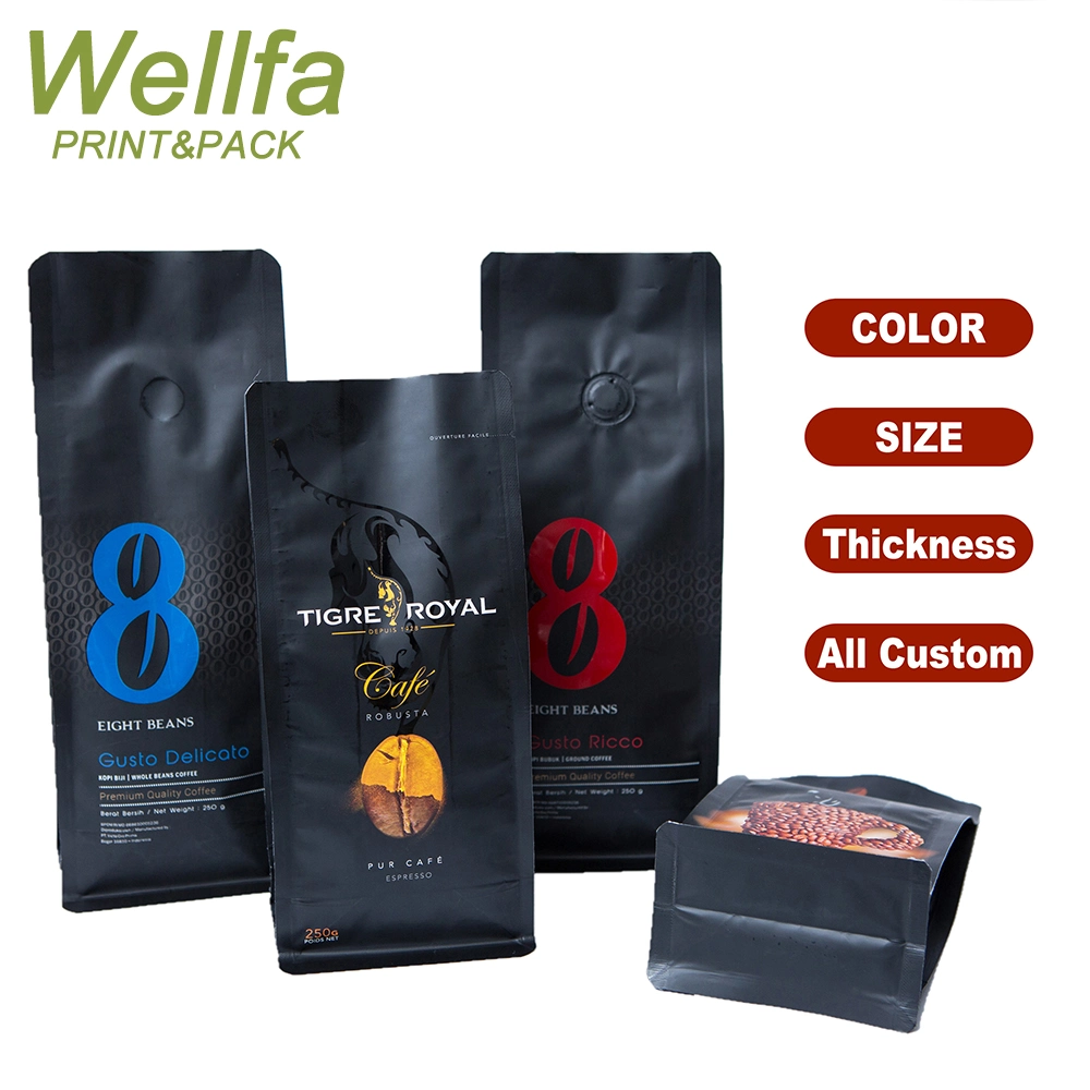 Custom Printed Food Grade Aluminum Foil Plastic Coffee Packaging Flat Bottom Pouch with Valve