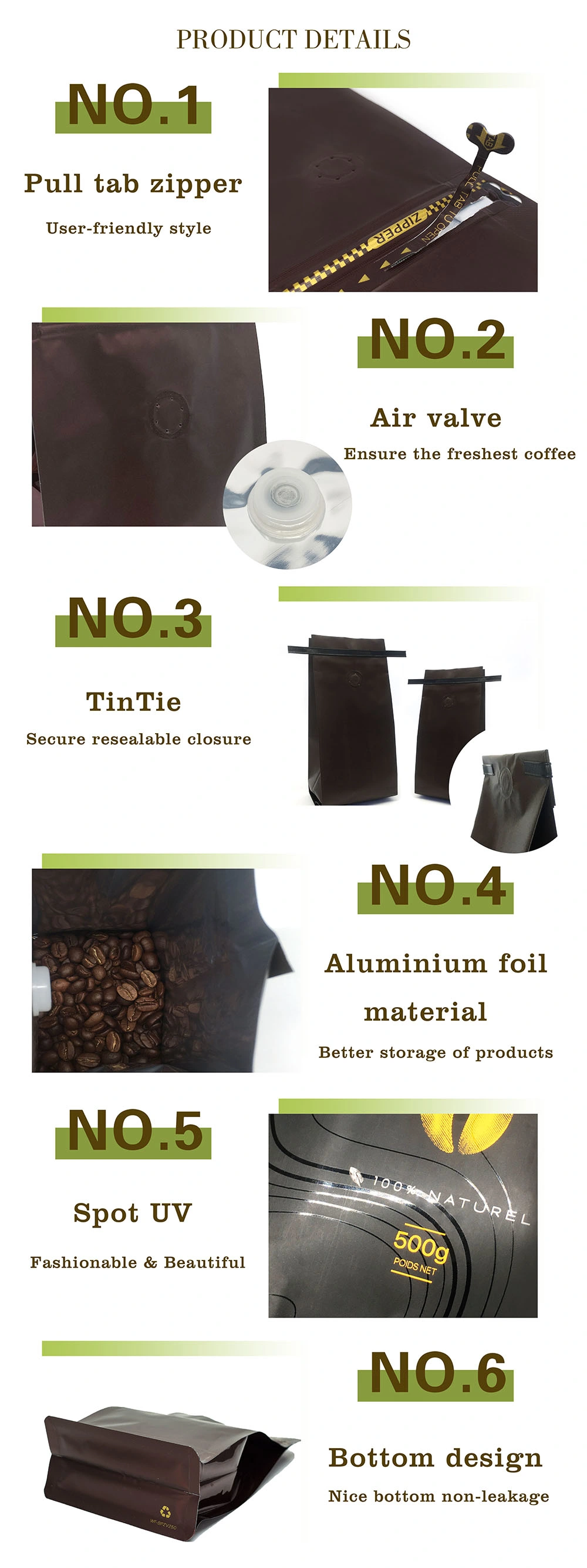 Factory OEM Bolsas De Cafe 250g500g1kg Aluminum Foil Zipper Flat Bottom Coffee Pouch with Valve Coffee Packaging