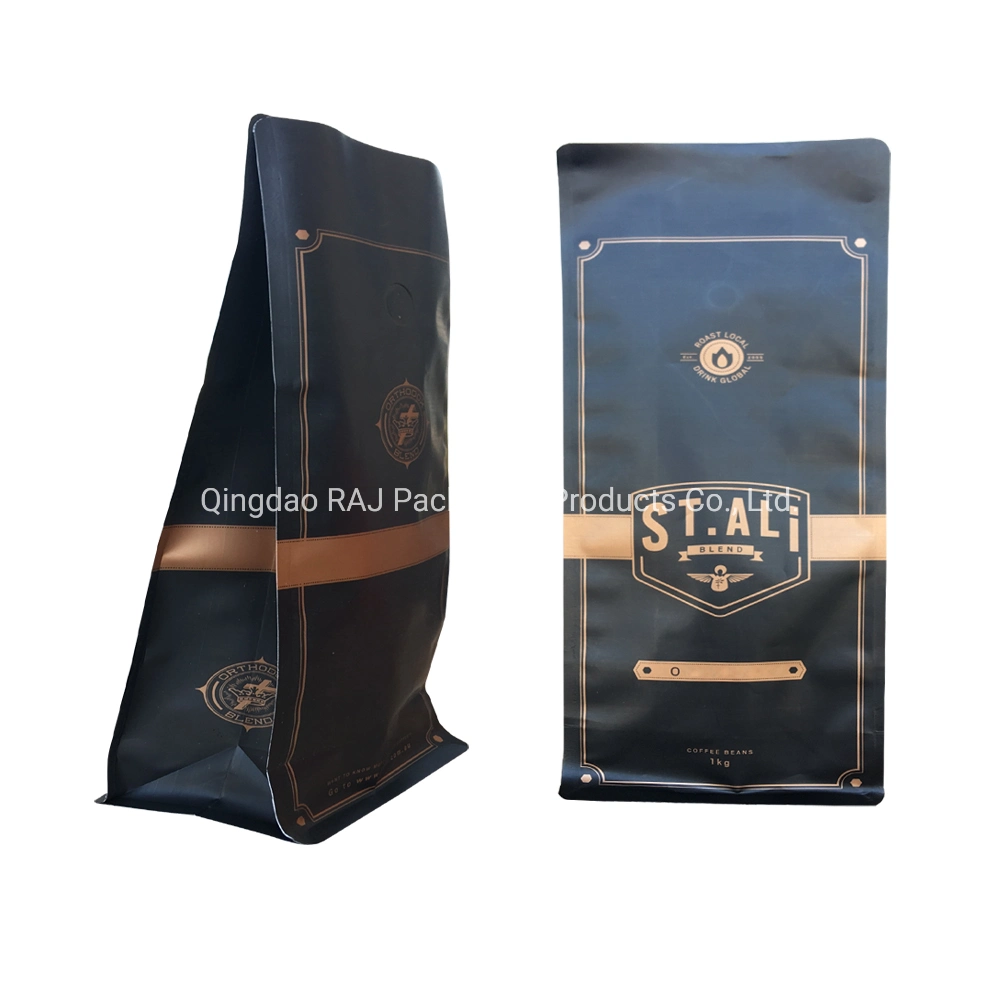 Aluminum Coffee Bean Packaging Bag Block Flat Bottom Pouch with Valve Bags