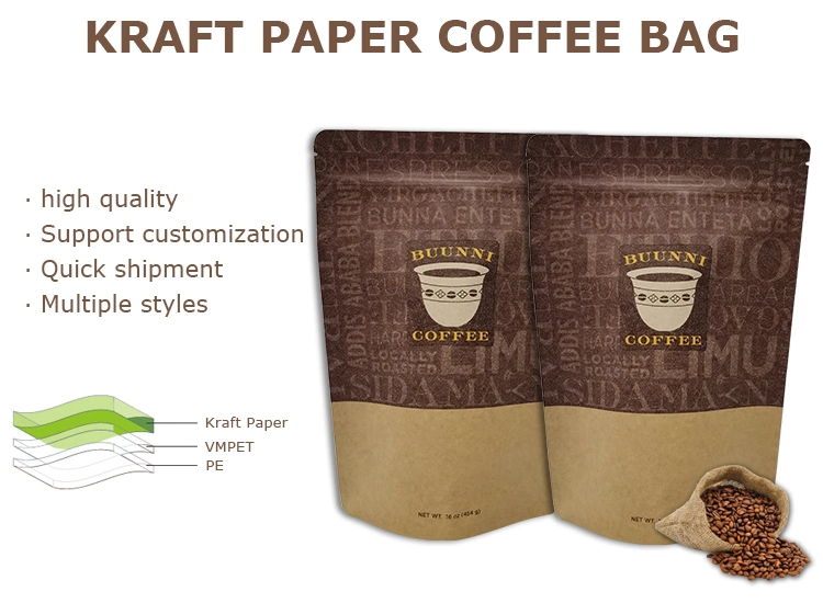 Auto Machine Making Tan Kraft Paper Aluminium Foil Flat Bottom Coffee Pouch Universal Use with Small Valve