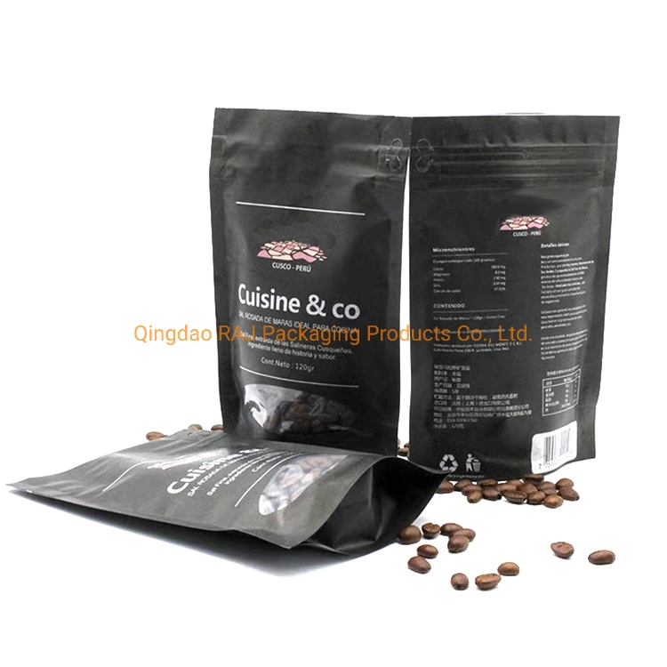 Resealable Black Printed Standup Foil Flat Bottom Coffee Ziplock Bag Packaging Pouch