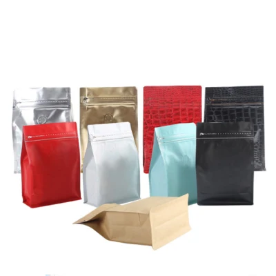 Customized Reusable Foil Lined Kraft Square Bottom Bag Coffee Bean Packing Flat Bottom Pouch with Valve
