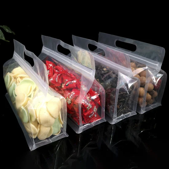 Clear Transparent Flat Block Box Bottom Plastic Poly Handle Resealable Ziplock Food Packaging Bags Pouches