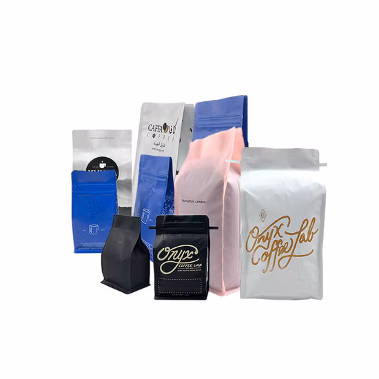 Quad Seal Flat Bottom Box Bags & Pouches with Valve, Window and Zipper