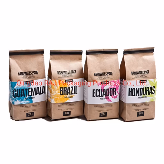 Manufacture Coffee Tea Kraft Plastic Stand up Pouch with Flat Bottom