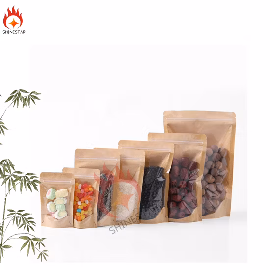 Custom Printed Ziplock Biodegradable Kraft Paper PLA Stand up Pouch with Clear Window Coffee Tea Packaging Bag