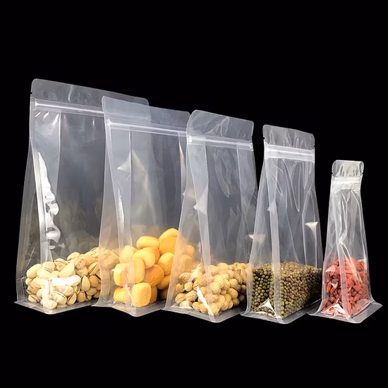 Clear Transparent Flat Block Box Bottom Plastic Poly Handle Resealable Ziplock Food Packaging Bags Pouches